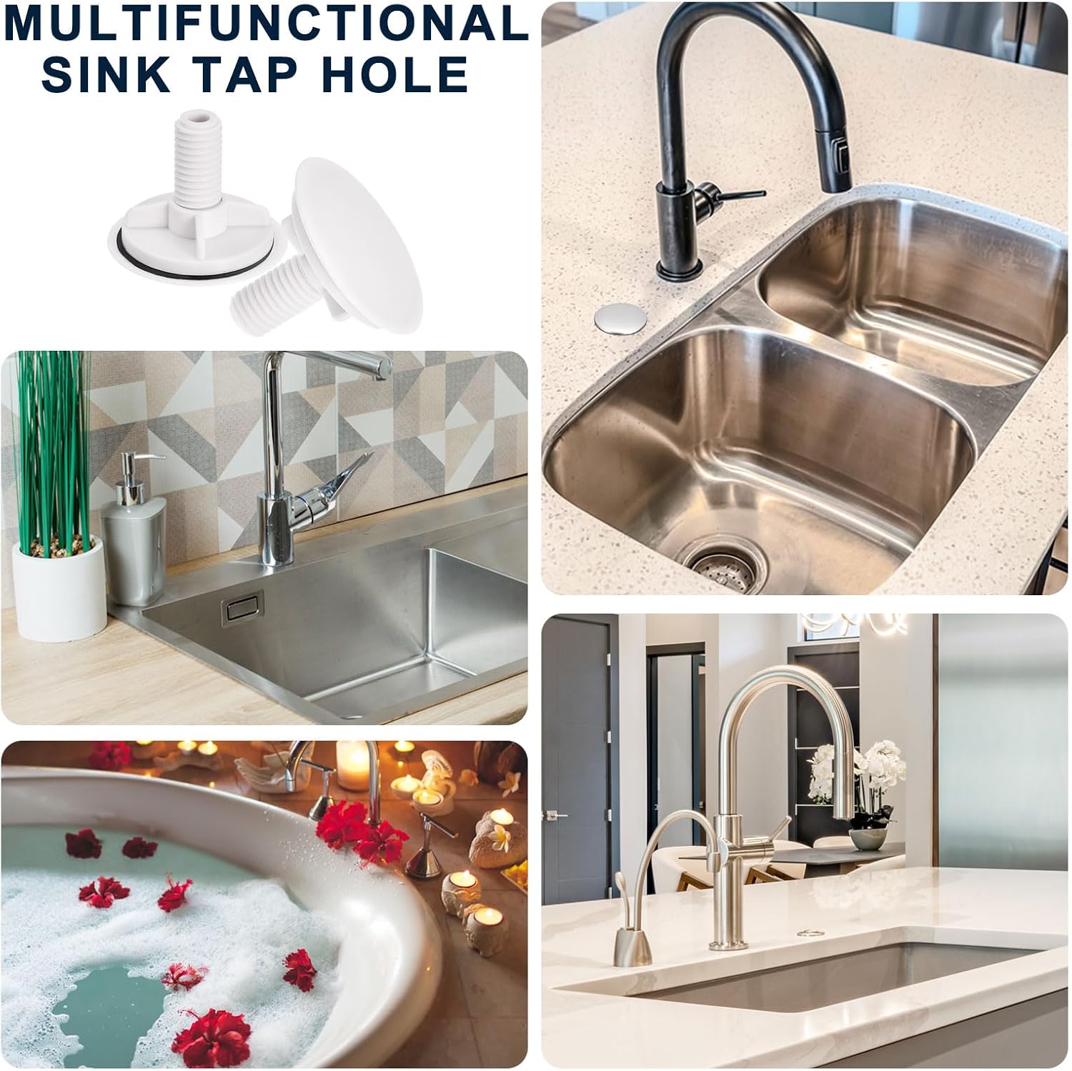 uxcell Sink Tap Hole Cover Polished Plastic, Faucet Hole Cover for Kitchen Countertop Counter Space, 2 Packs (0.59 to 1.77 Inch in Diameter)