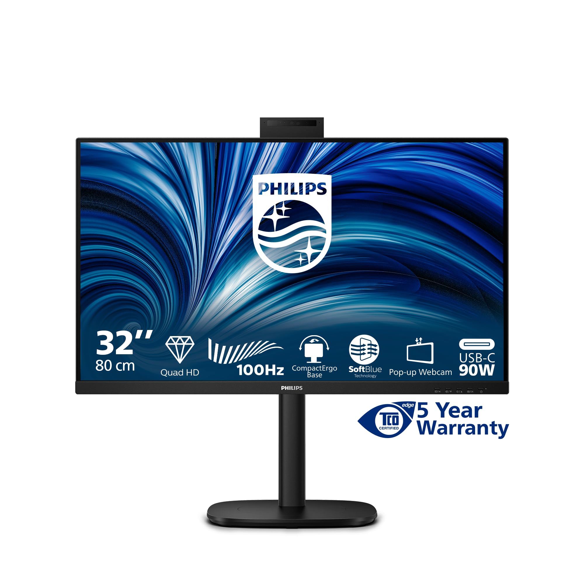 PHILIPS Monitor 32B2U3601H 32 pollici 2560x1440, WQHD, 100Hz, IPS Panel, 4ms GtG, USB HubWebcam, Speakers, Height Adjustment, (HDMI1x 2.0 DP 1x 1.4) Nero
