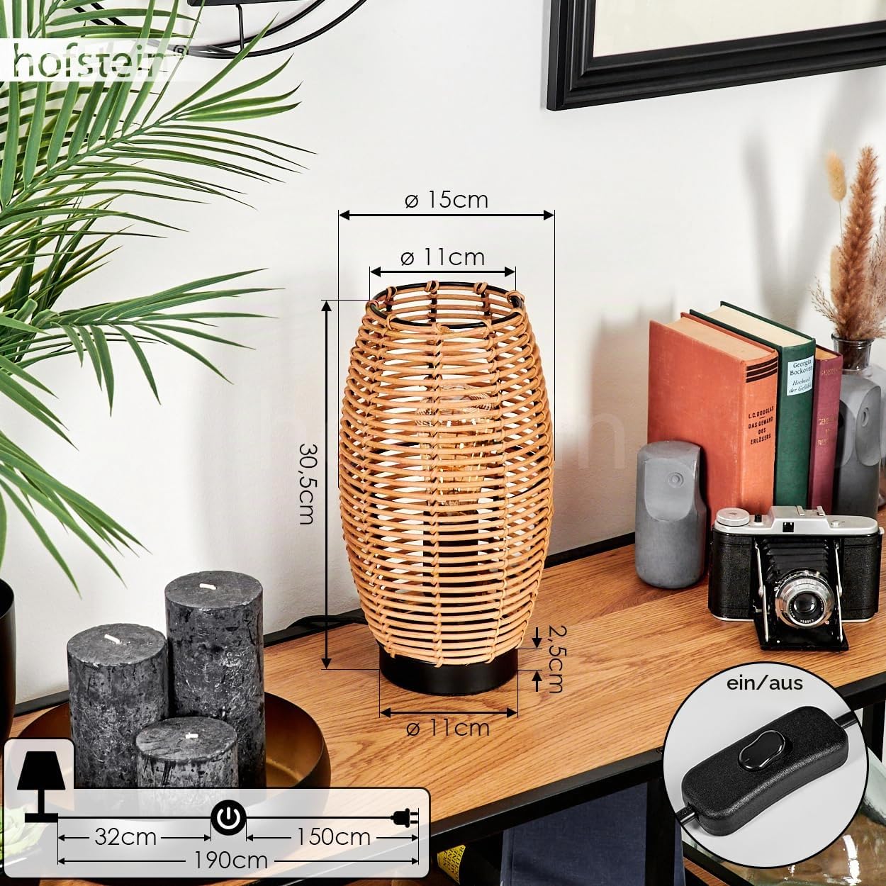 Tischleuchte Mulstrand, moderne Boho Tischlampe aus Metall/Rattan in Schwarz/Natur, Nachttischlampe mit Schirm in Gitter-Optik, An-/Ausschalter am Kabel und Lichteffekt, 1 x E27, ohne Leuchtmittel