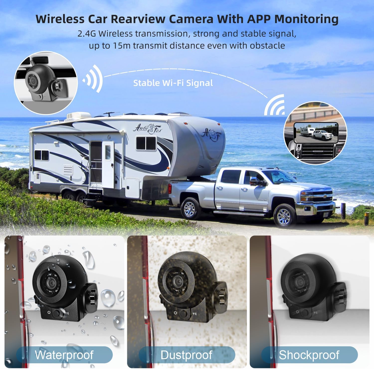 Uzone Wireless Backup Camera,WiFi Magnetic Backup Camera,Rechargeble,IP68 Waterproof,Night Visiong,iPhone APP Bluetooth Rear View Camera for Truck Horse Trailer Hitch Gooseneck Travel Boat Camper RV