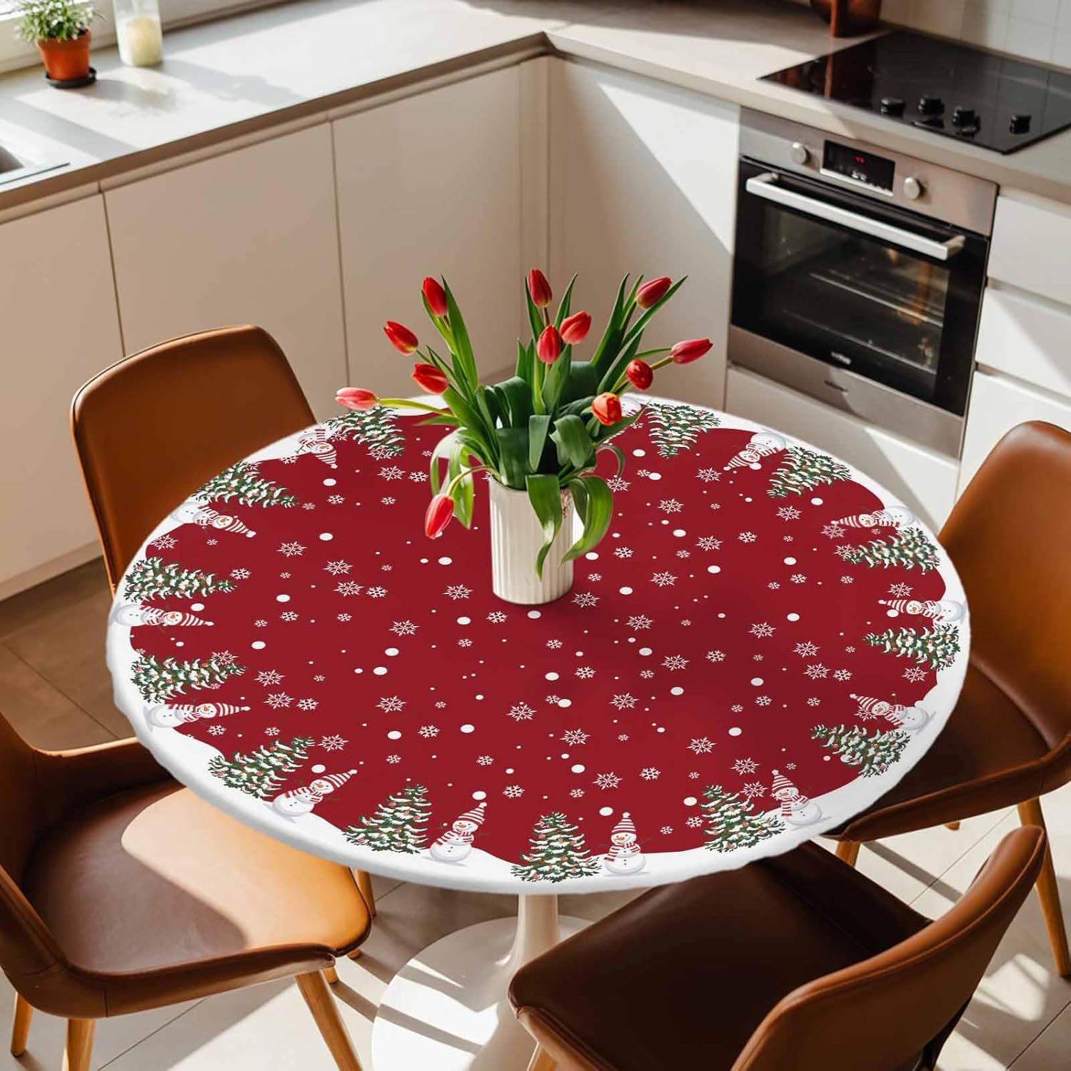 Christmas Round Tablecloth Fitted Table Cover, Elastic Tablecloths Waterproof Outdoor Indoor Stretch Cloth Tablecover for Dinner, Party, Shower, Winter Snowflake Red Snowman 55-60IN