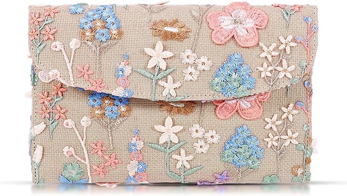 Envelope Package, Clutch Purses for Women, Embroidered Flowers Straw Bag, Bohemian Handmade Handbags, Beach Bag for Vacation, Travel, Banquet Beige