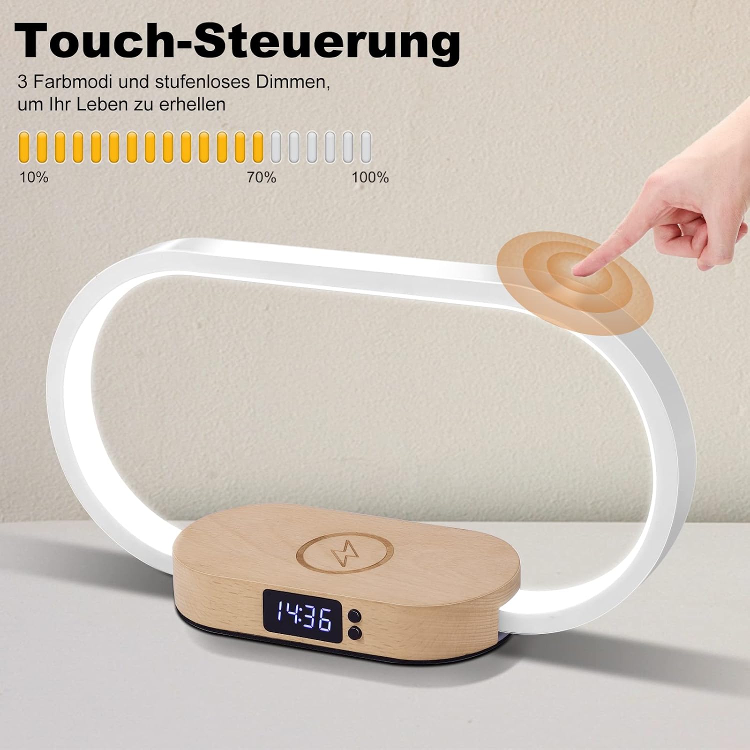 Hand touching the lamp arm to demonstrate touch control