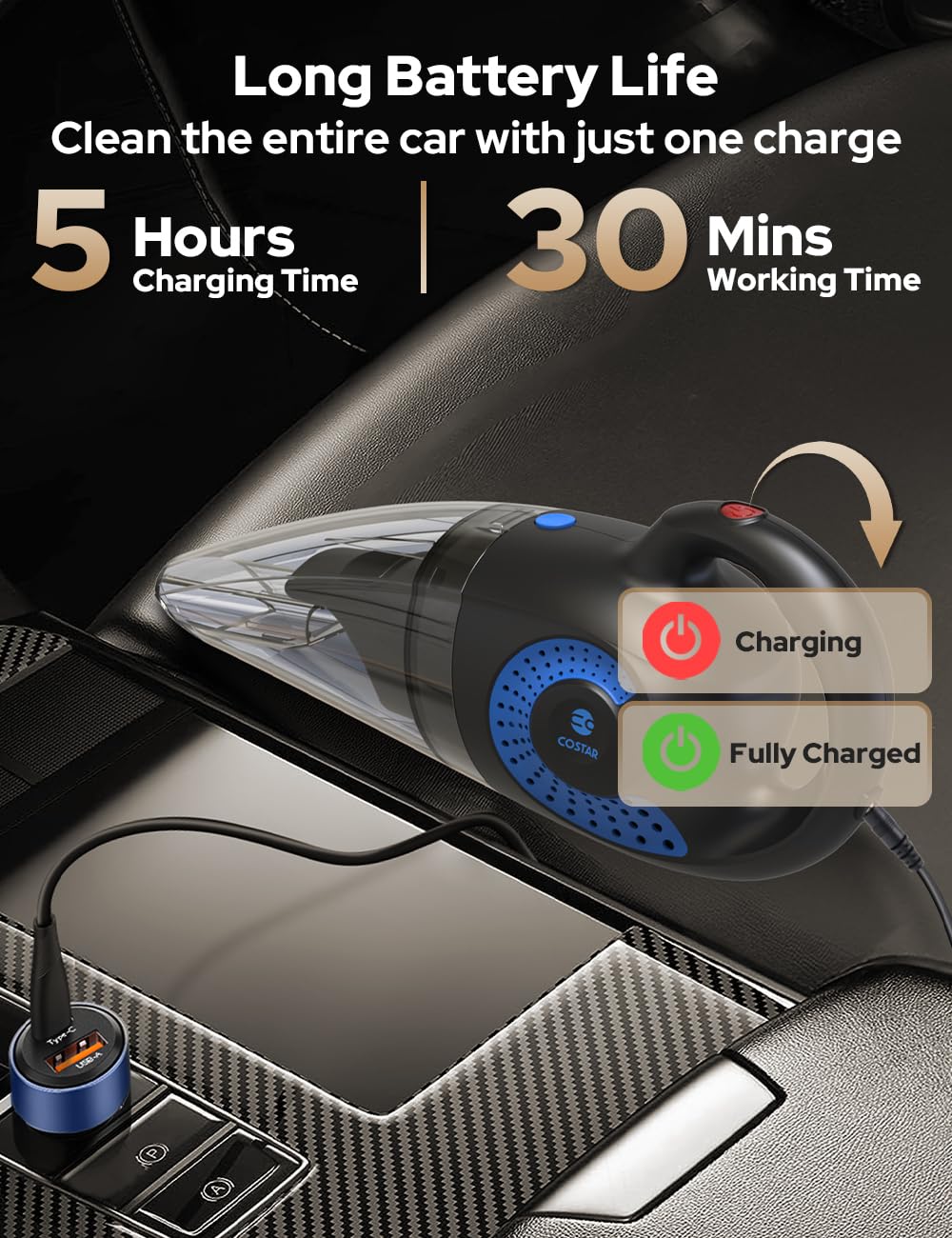 CostarMatter Car Vacuum Cleaner 2 in 1 for Car and Home Car Vacuum Cleaner Cordless, Wet and Dry, Dual Mode, 7000pa Powerful Suction, Window Vacuum, USB Rechargeable, with Accessories 3