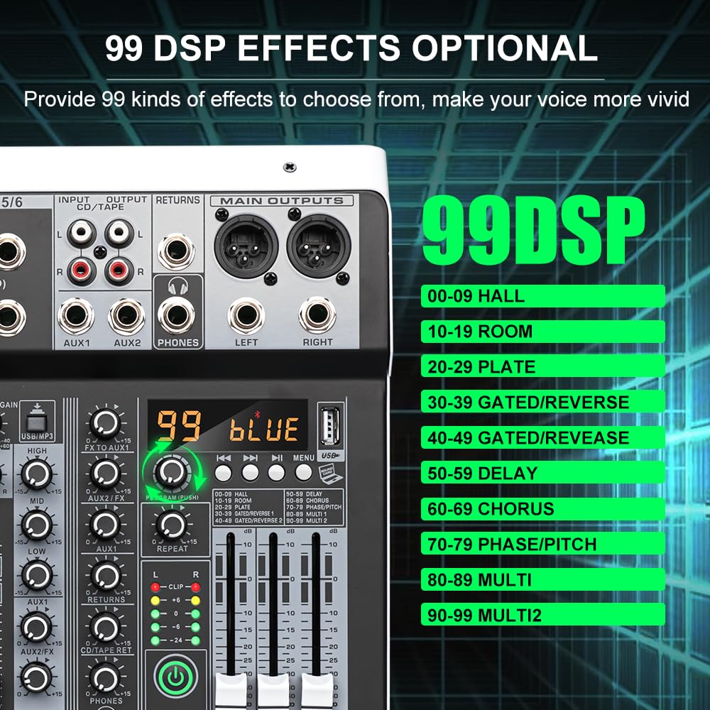 Mikser DJ-ski, MX6 Kanał 99 DSP Mikser efektów Nagrywanie PC 48V Phantom Power USB Miksery dźwięku Bluetooth DJ Konsola Miksowanie