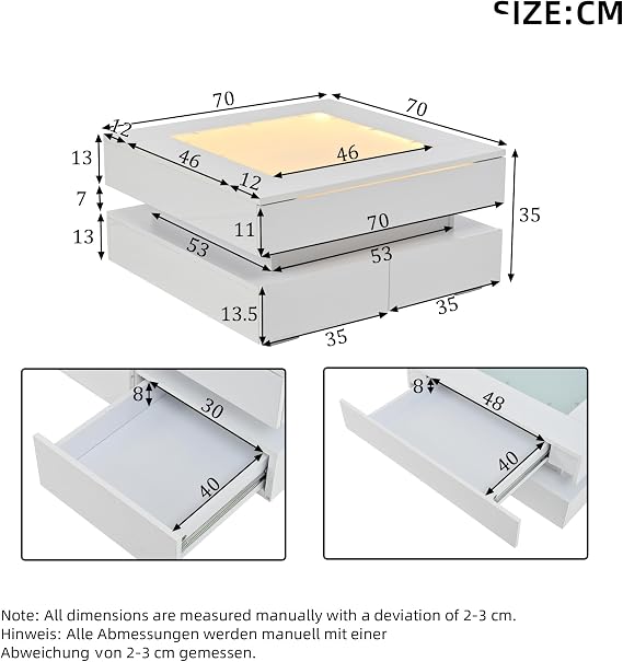 Merax High Gloss Square Coffee Table with LED, 3 Drawers Centre Table with Tempered Glass Top, Sofa Side Table & Tea Table for Living Room & Office, 70x70x35cm, White