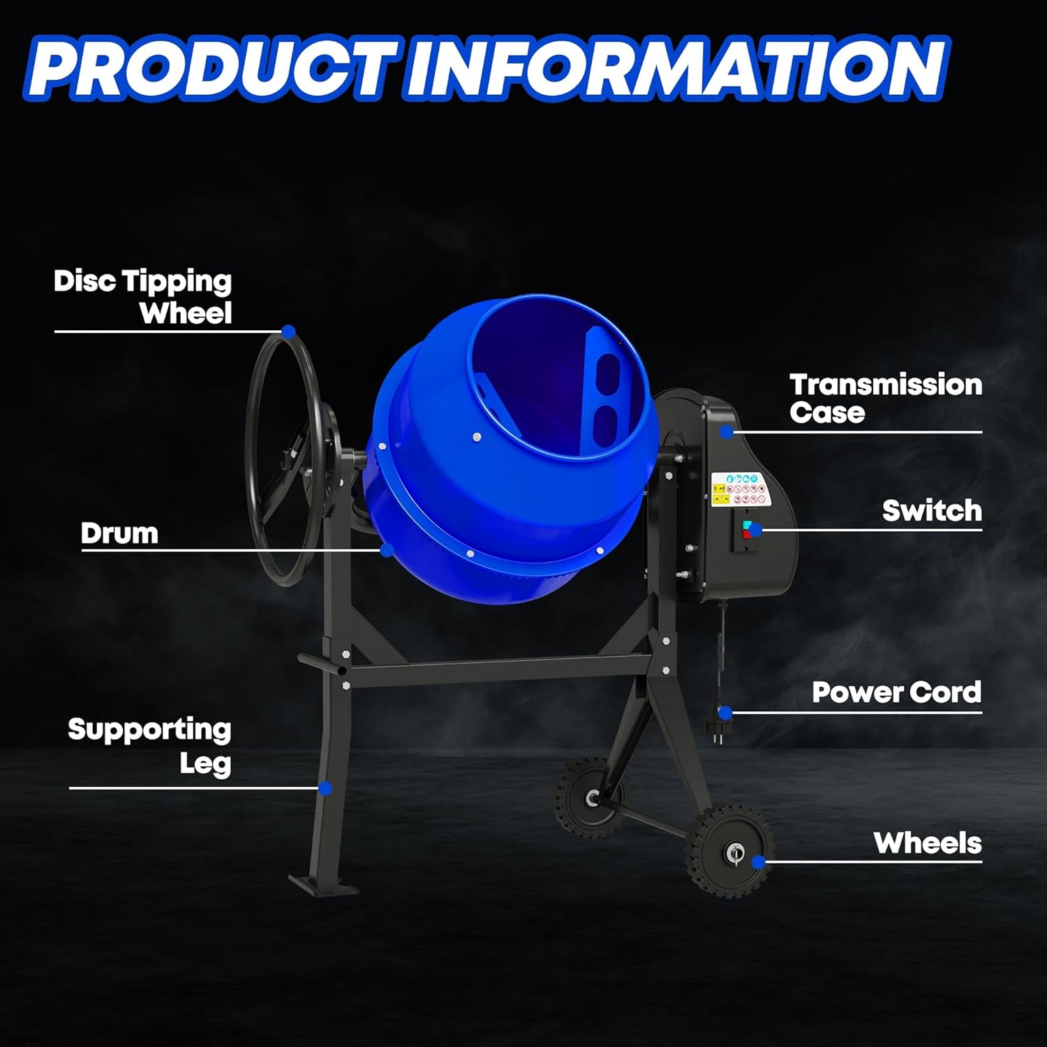 Concrete Mixer 4.3 Cu.Ft. – 450W (3/5HP) Heavy Duty Portable Concrete Mixer with Wheel & Stand for Mortar, Stucco, Fodder – Industrial Cement Mixing Machine, Blue