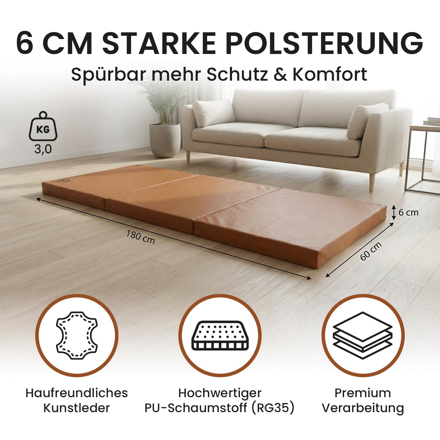 Jeflex - Matelas gymnastique pliable 180 x 60 x 6 cm fabriqué en Allemagne/Tatami judo portable/matelas pliable peu encombrant et tapis de yoga/tapis de gym enfant pour chambre d'enfant