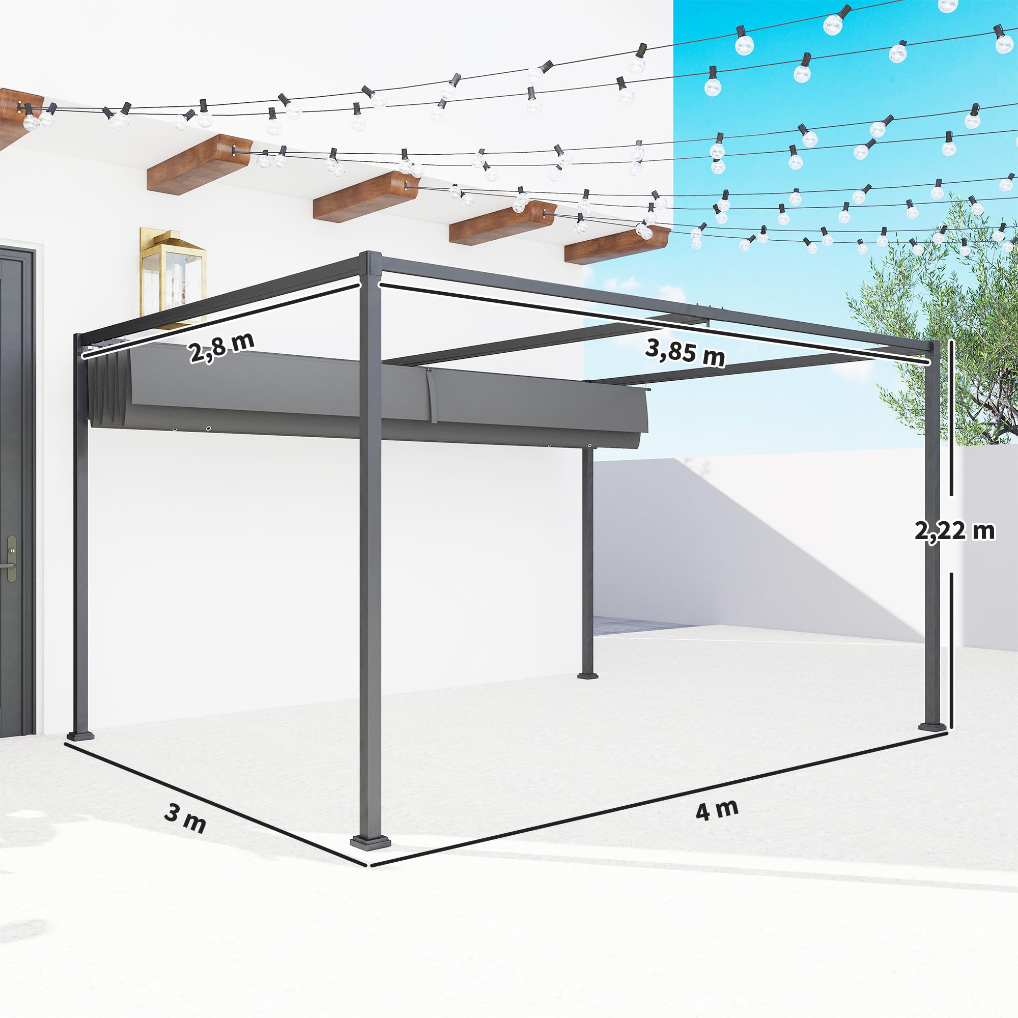 Outsunny Pergola coulissante pergola rétractable 4 x 3 m Structure métal époxy anticorrosion Toile Polyester Haute densité 180 g/m² Incluse Gris foncé