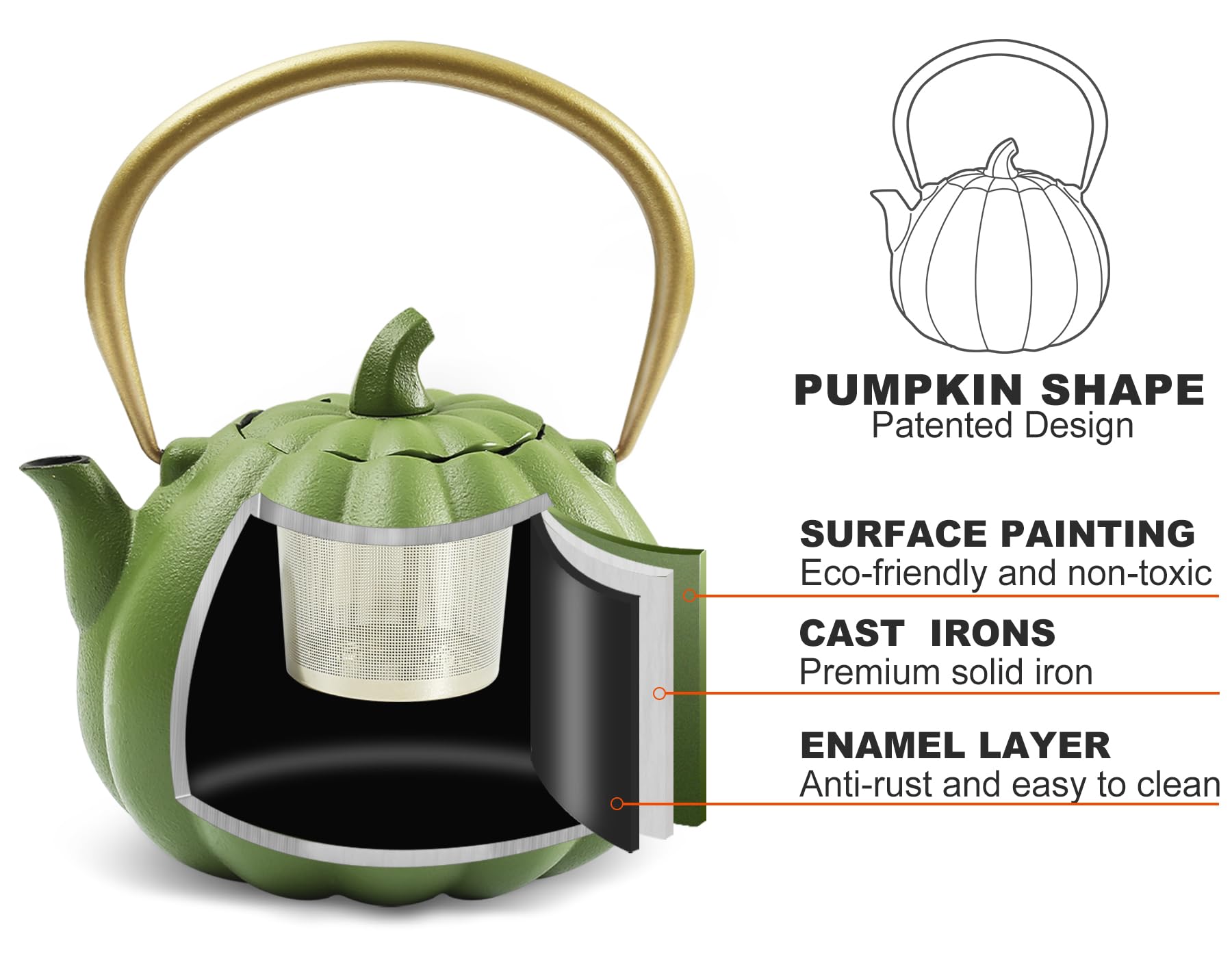 VICSKY Tetera de hierro fundido de calabaza (40 onzas/1200 ml), bonita forma de calabaza natural, tetera de hierro fundido con revestimiento esmaltado para hojas de té sueltas, apta para estufa (verde