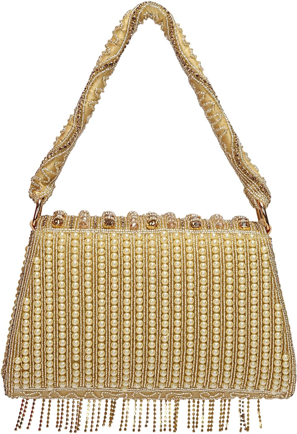 LONGING TO BUY Handicrafted Box Clutch Handbag, Gold, Pearl and Crystal Beaded, with Fringe Tassels, 8.2x5.2x3 Inches
