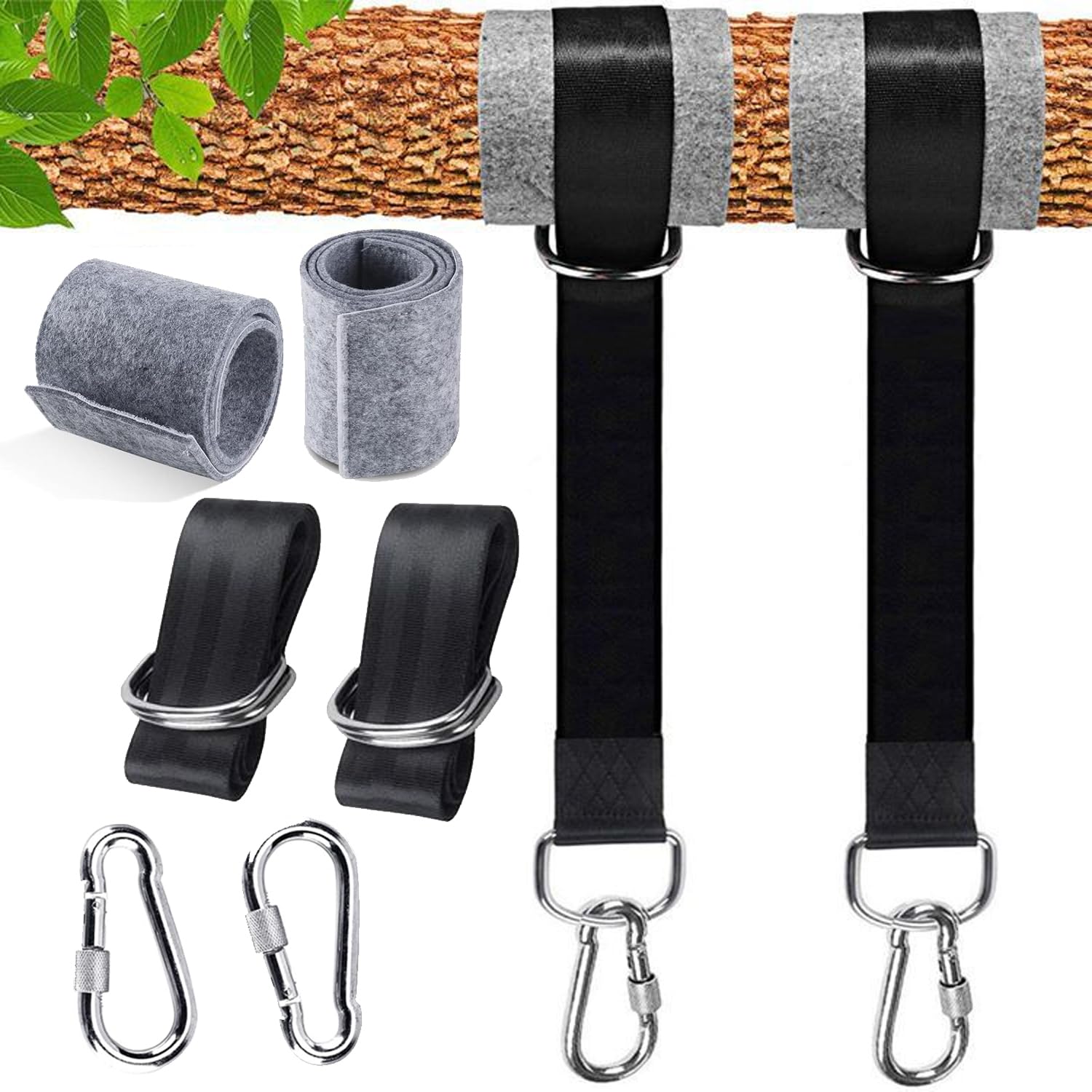 7 Pièces Corde Balancoire, Hamac Sangle, Polyester, 2* Courroie de Suspension + 2* Boucle de Connexion + 2* Coussinets de Protection des Arbres + 1* Sacs, pour Balançoire Extérieure, Hamac (150*6.5CM)