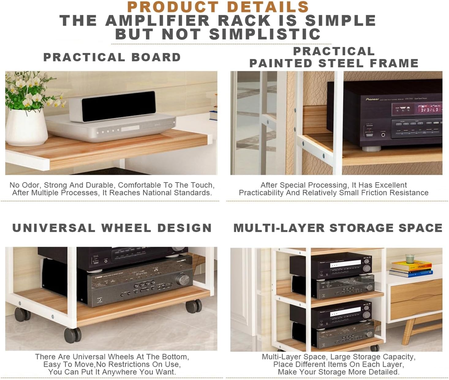 Wooden Media Stand with Wheels, Audio Rack & Game Console Storage, AV Corner Shelf for Recording Room & TV Accessories, 50.2 Modern Display Cabinet