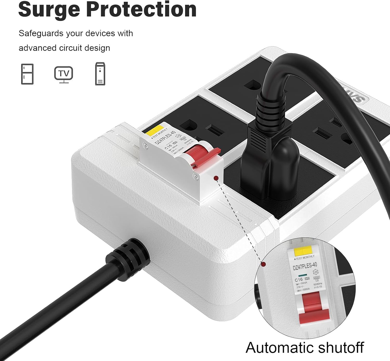GFCI Power Strips with 9.84 FT Heavy Duty Extension Cord, 4 Gang Sockets 15A Fused SAFEMORE Power Strip 1875J with 30mA RCBO Leakage Protection, for Workshop Garage RV Indoor (White)