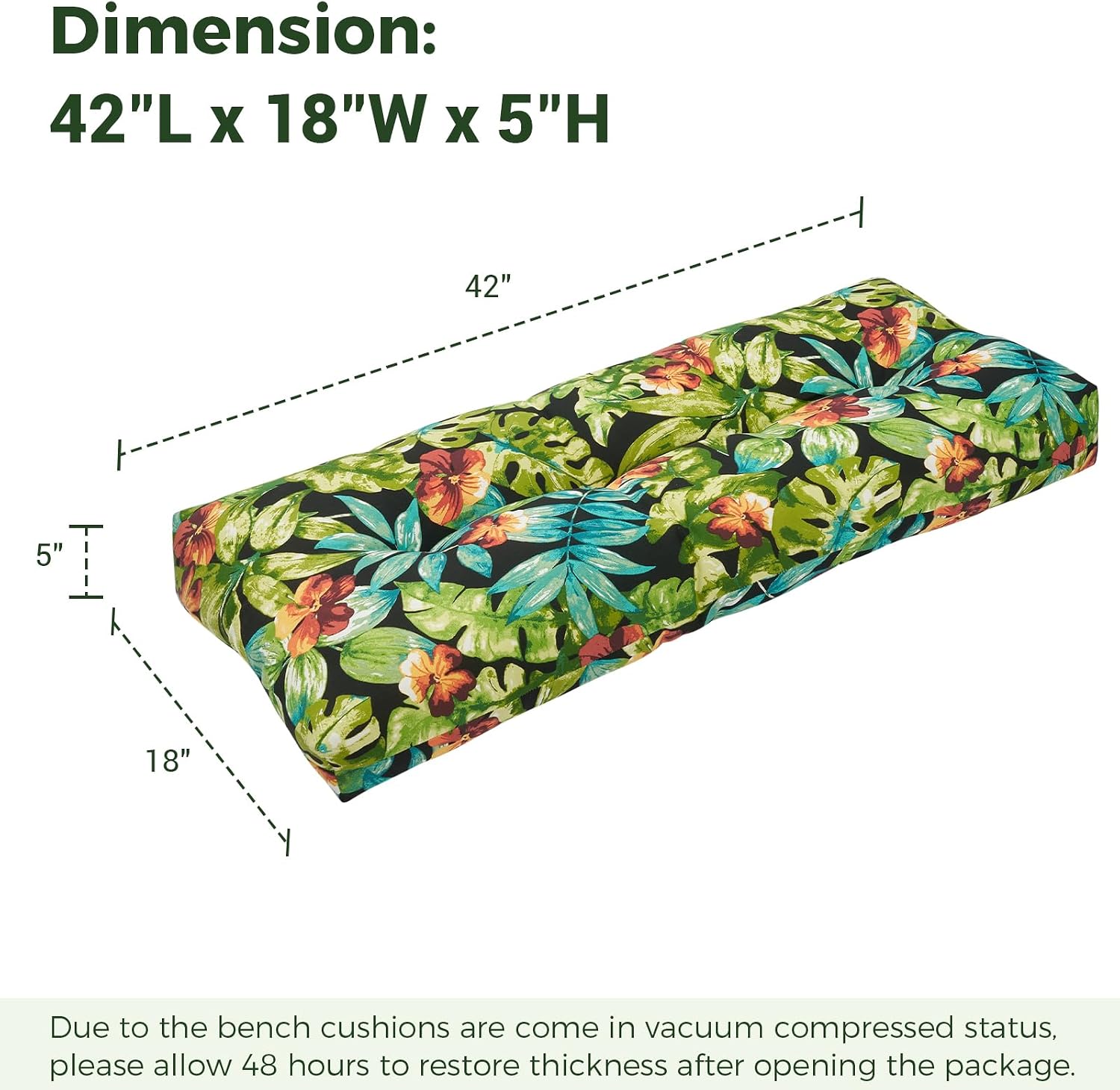 Condition photo showing New/Like New for indoor outdoor bench cushion 42"x18", non-slip patio furniture seat pads, waterproof overstuffed tufted loveseat cushion with round corner for window,swing,garden,porch-tropical green leaves a maui tropical black 42 x 18 x 5 in