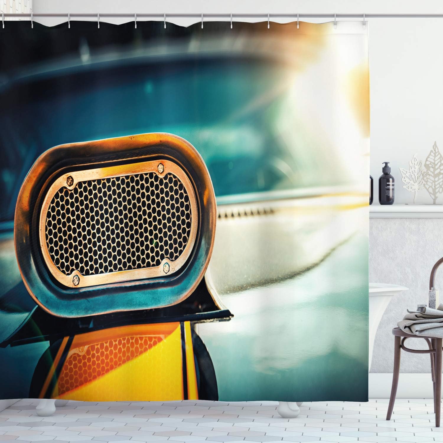 Ambesonne Automobile Shower Curtain, View of Powerful Muscle Car Nostalgic Hood American Fashion Engine Image, Cloth Fabric Bathroom Decor Set with Hooks, 69" W x 75" L, Turquoise Orange