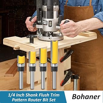 1/4 Inch Shank Flush Trim Router Bit Set with Bearing Pack of 4 | Professional Straight Pattern Router Cutter; Woodworking Template Milling Tools; For Wood Top Trimming And Shaping