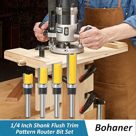 1/4 Inch Shank Flush Trim Router Bit Set with Bearing Pack of 4 | Professional Straight Pattern Router Cutter; Woodworking Template Milling Tools; For Wood Top Trimming And Shaping
