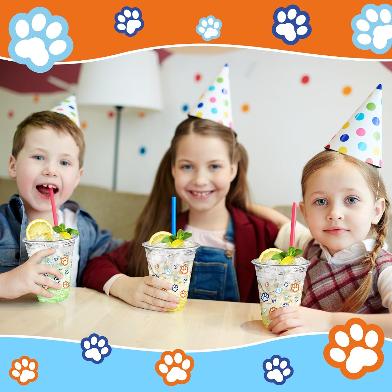 Uiifan 50 Pcs Blue Dog Paw Plastic Cups Paw Print Birthday Party Supplies 12 oz Disposable Plastic Puppy Cups Cartoon Blue Orange Party Decorations for Patter Hot Cold Drinking Ice Coffee - Image 5