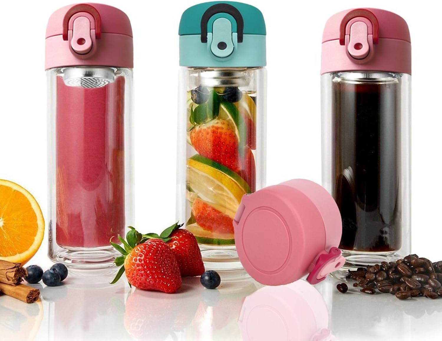TENTA Kitchen 300ml Double Wall Glass Tea Infuser Mug Tumbler, Fruit Infusion Glass Bottle & Coffee Brewer with Built-in Filter(Blue)
