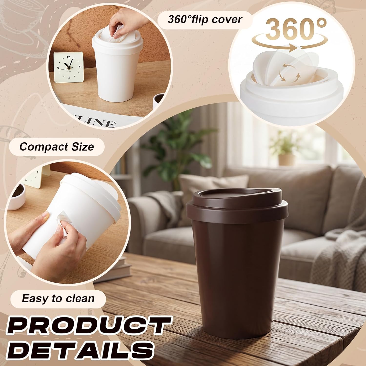Xuhal 2 Pcs 0.9 Gallon Coffee Cup Desktop Trash Can with Swing Lid, Small Plastic Waste Bin for Office Coffee Table, Mini Countertop Wastebasket for Desk Vanity Counter Bathroom