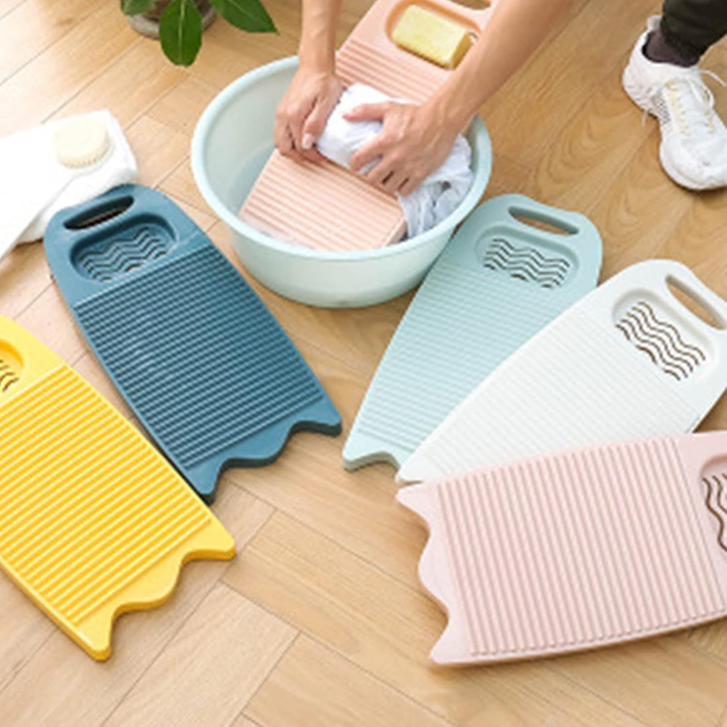 Non-Slip Laundry Washing Board, Household Washboard, Hand Wash Board, Manual Wash Clothes Laundry Pad Scrubbing Board for Household(15.7x8.07x1.06inches) (B-Light Pink) | Non-slip washboard designed for hand washing clothes, with a textured scrubbing surface for efficient manual laundry care thumbnail