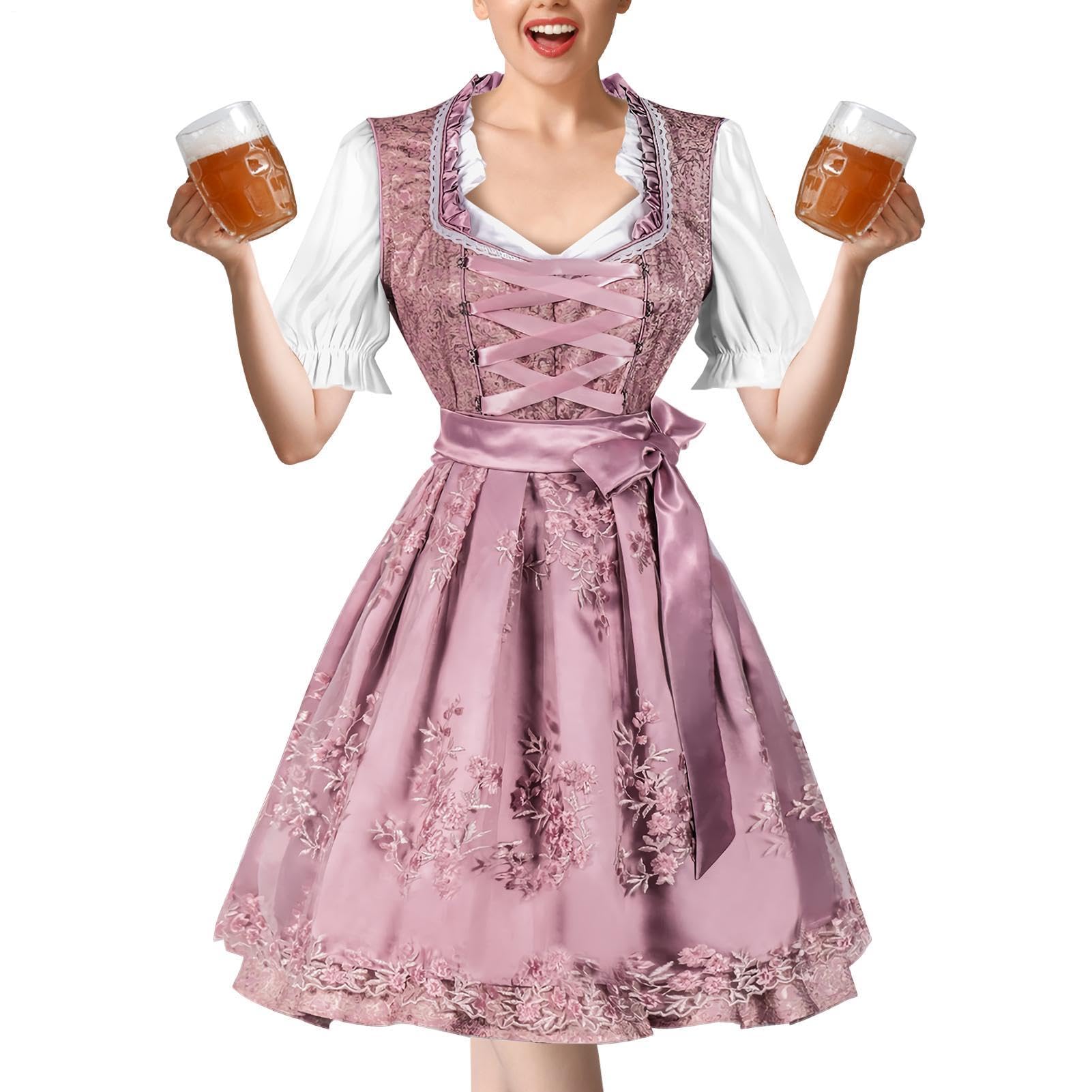 Stroje Na Oktoberfest Damskie z Fartuchem Niemiecki Bawarski Strój Służącej | Oktoberfest Kostiumy Dirndl Sukienki na Wielkanoc, karnawał, maskaradę, imprezę, sesję zdjęciową,
