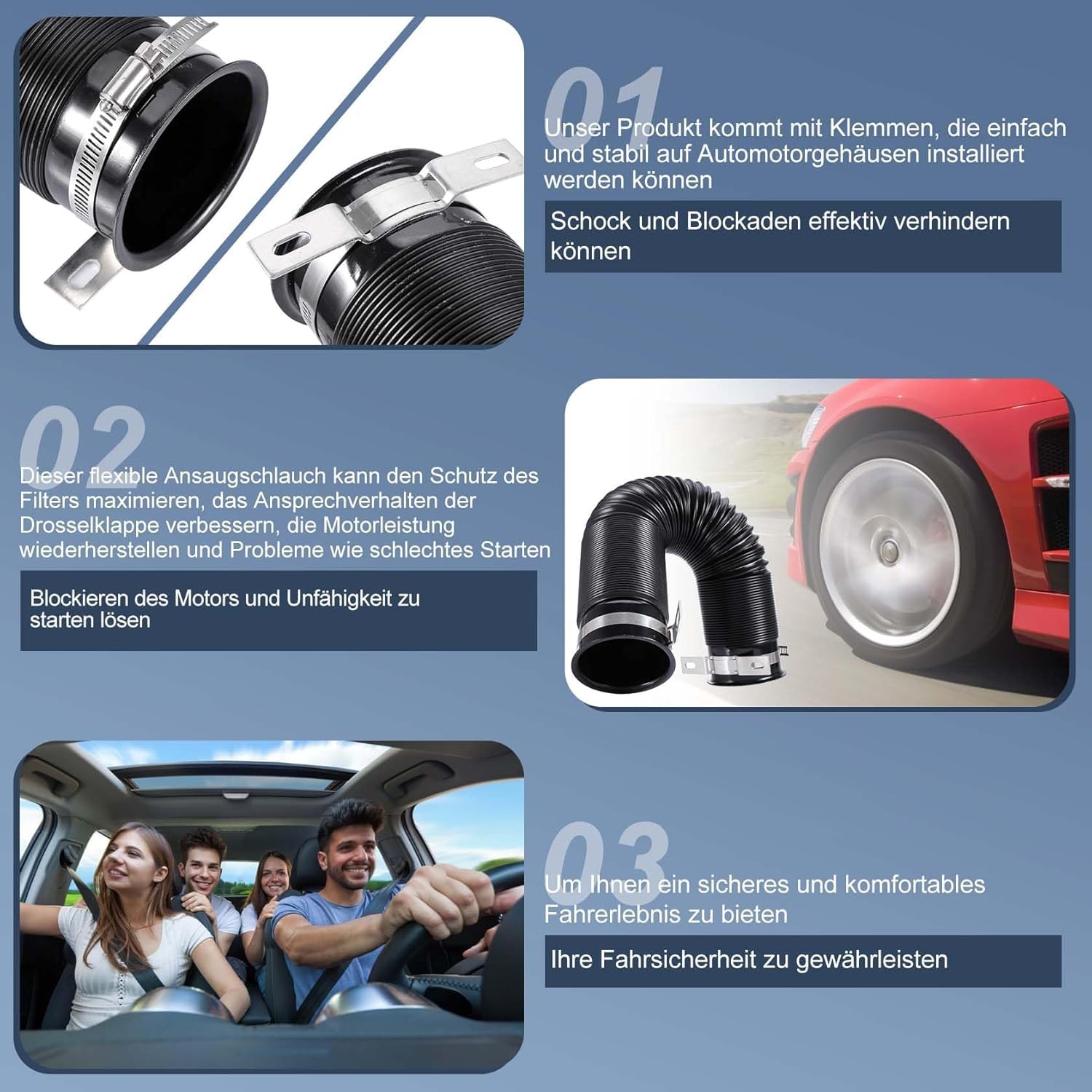 76mm Universal Luftansaugschlauch für Auto, Flexible Auto Ansaugrohr Luftfilter Kaltluftansaugrohr, Kaltluft Turbo Ansaugrohr Ausziehbar Lufteinlassschlauch, Für Turbolader & Kaltluftansaugung