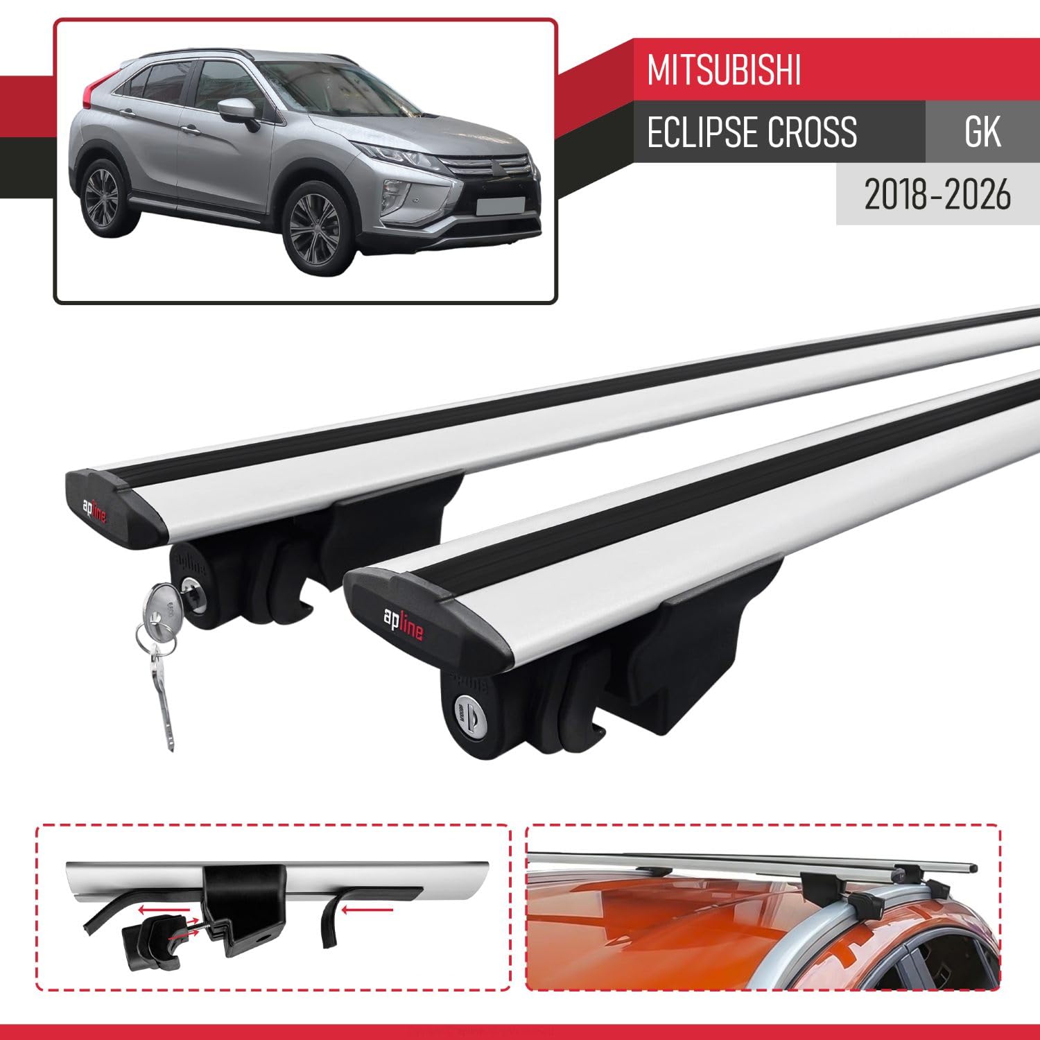 Compatible con Mitsubishi Eclipse Cross (GK) 2018-2026 Modelo Hook Barra de Techo Auto Portaequipajes Barras Transversales Gris Aluminio 2 Barras