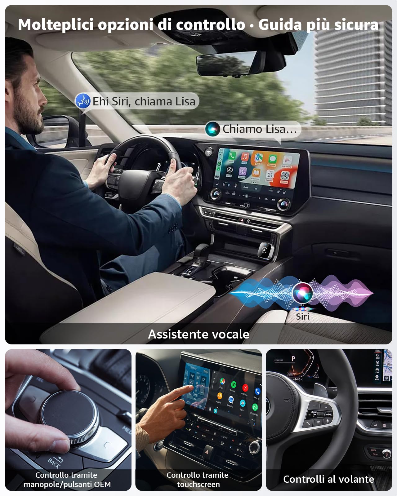 Adattatore Wireless CarPlay e Android Auto, USB-C e USB-A Plug & Play, Convertitore da Cablato a Wireless, WiFi 2.4G/5G, Connessione Automatica, per iPhone iOS 10+ e Android 11+, Auto dal 2016, Nero