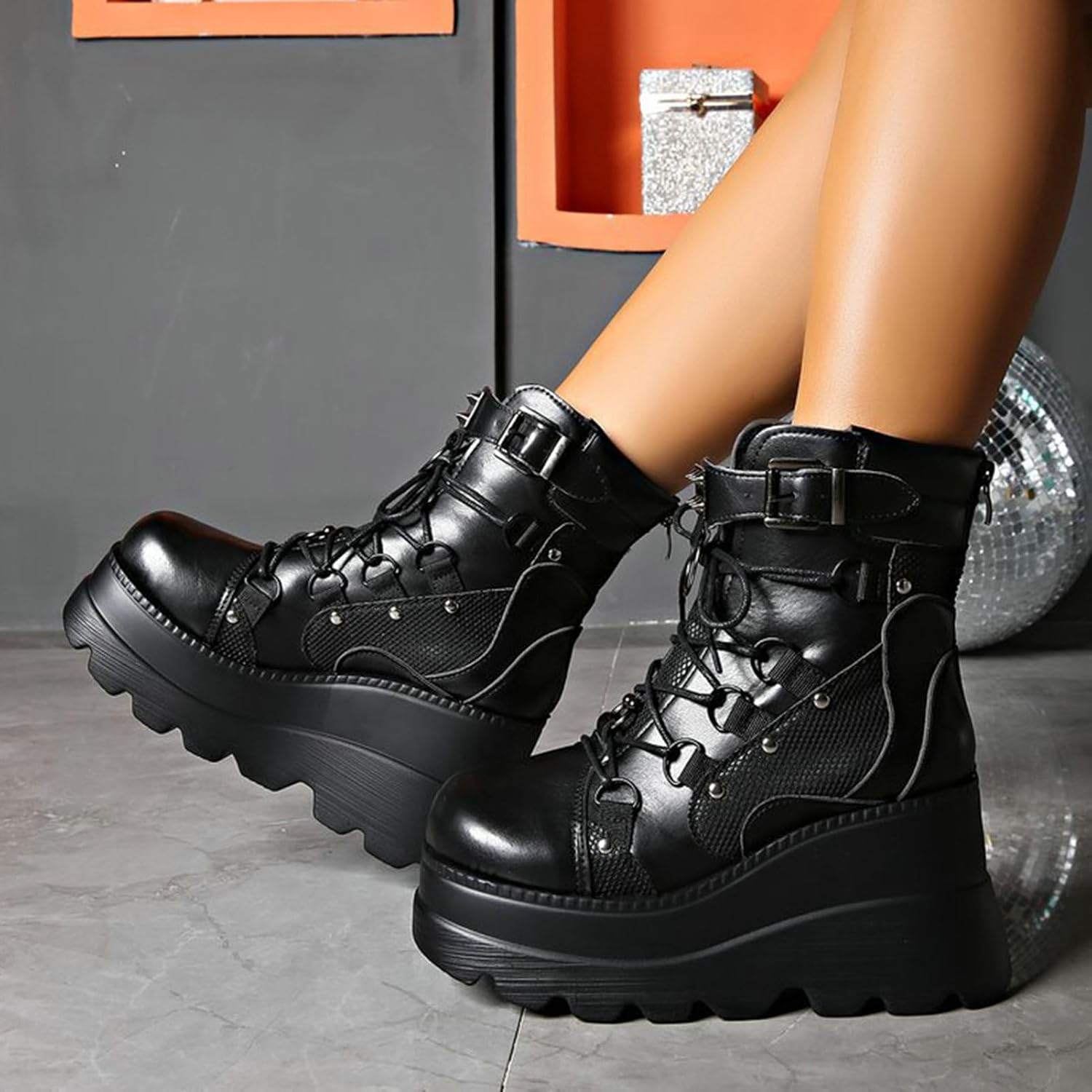 Meefit Women Goth platform Boots Wedge High Heel Lace Up Ankle Boots Round Toe Combat Booties Motorcycle Boot
