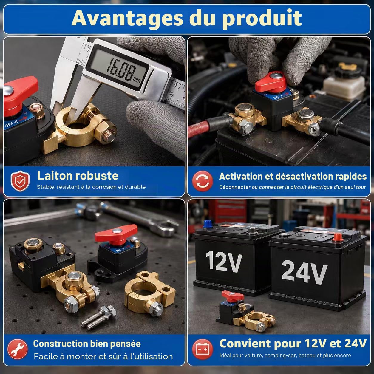 Lot de 2 Coupe Circuit Batterie 12V-24V, Cosse Coupe Batterie en Cuivre Pur, Interrupteur 12v, Haute Conductivité & Transmission Stable, Adapté pour Voiture, Camion, Bateau, Camping-Car et Moto