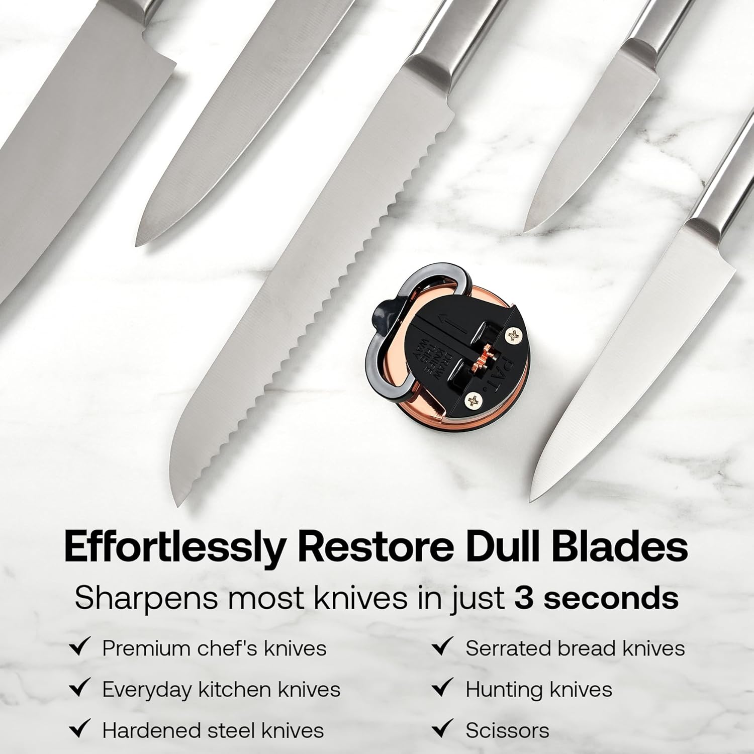 AnySharp – Chef – Hands Free Knife Sharpener - Easy to Use Sharpening Tool with PowerGrip Suction Base and 20-Degree Pre-Set Angle - for All Knives: Chef's, Serrated, and Hardened Steel - Copper