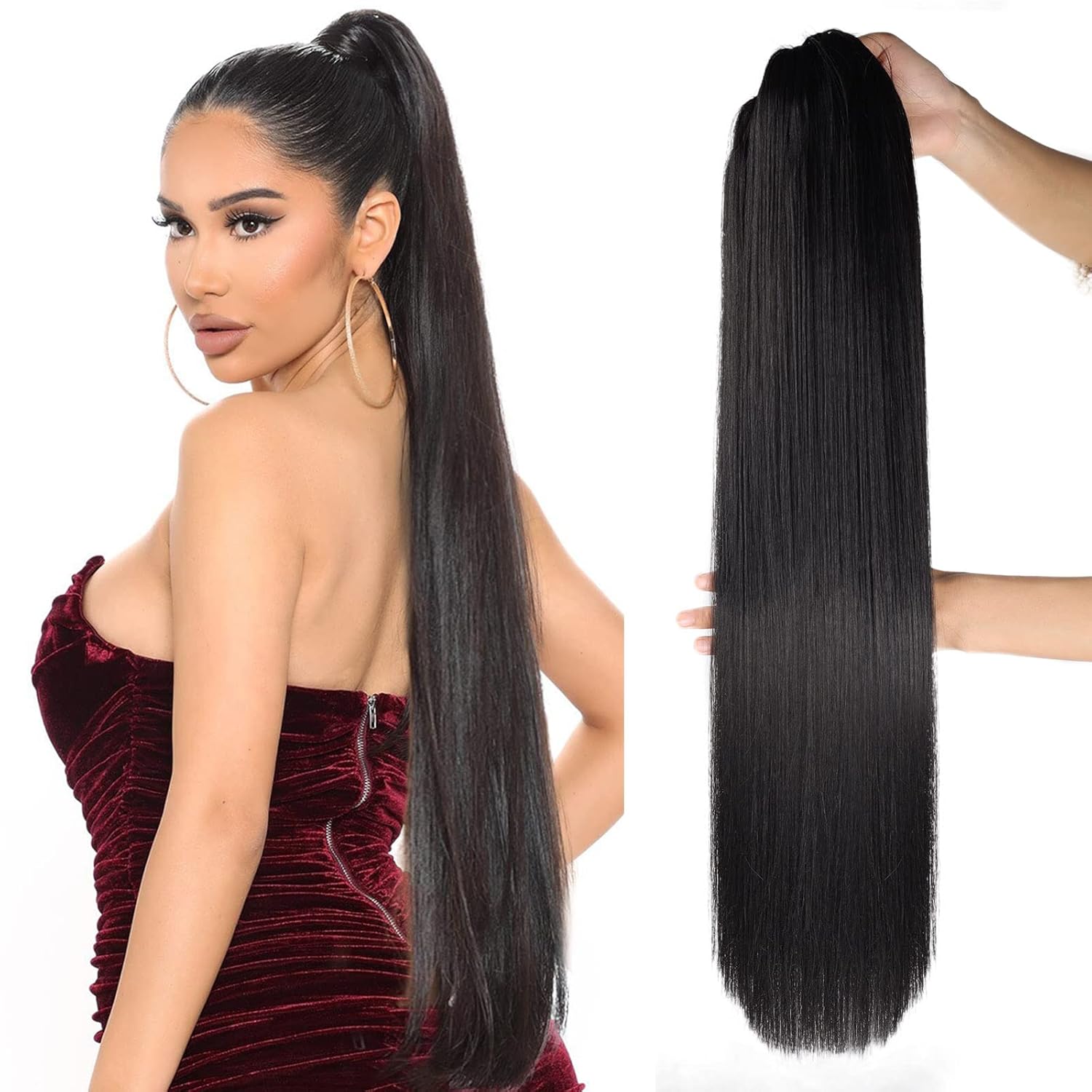 Straight Ponytail Extensions Drawsting Long Ponytail Clip in Hairpiece Synthetic Ponytail Hair Extensions for Black Women Natural Brown and Blonde Highlights（32 Inch P18/613, 6.70OZ）