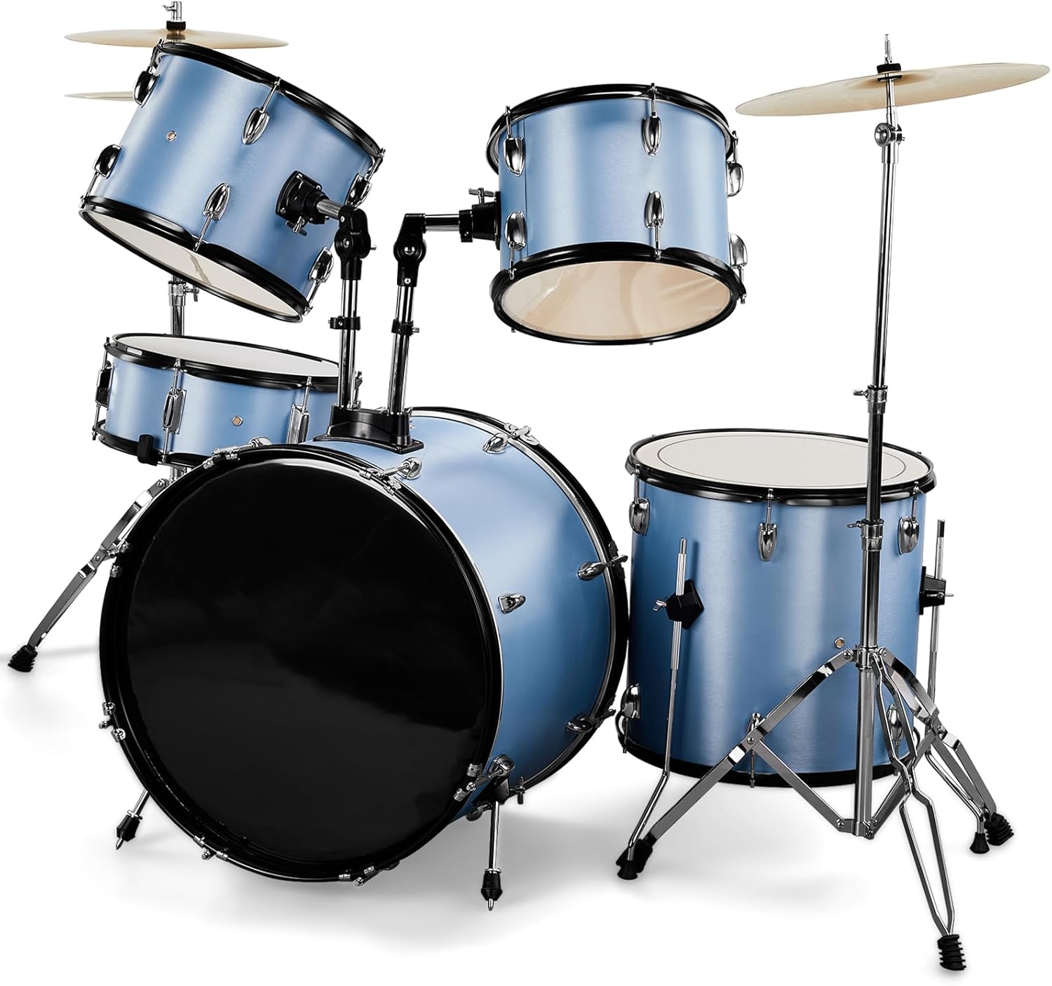 5-Piece Drum Set Adult, 22-Inch Full Size Drumset with Cymbals, Pedal, Drumsticks, Adjustable Stool & Stands – Acoustic Drum Set for Adults, Beginners, Students,Teens – Blue