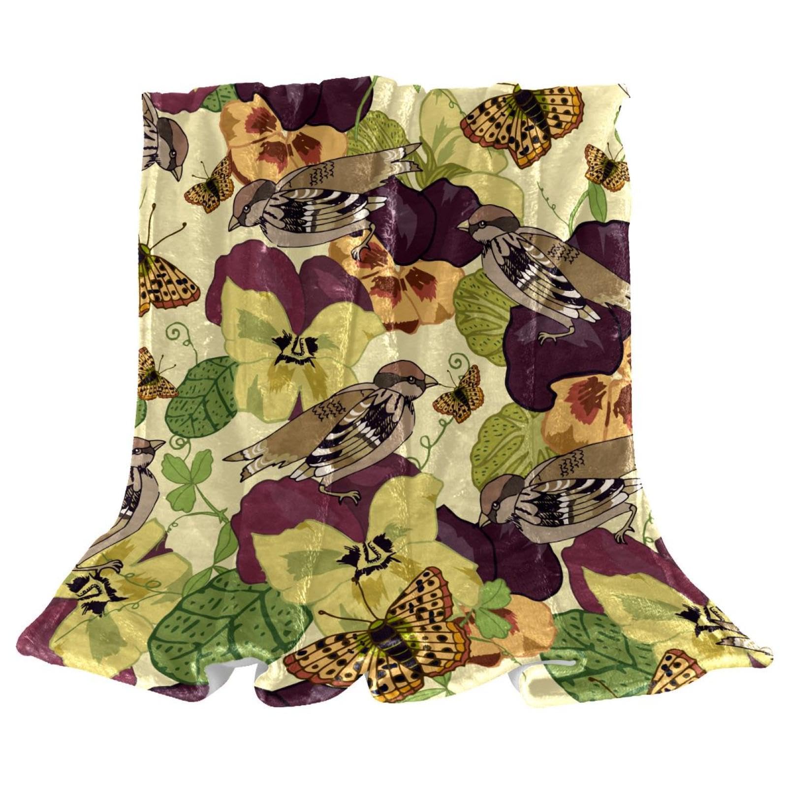 Couverture polaire fleurs oiseaux plaid cadeau doux pour lit et chaise