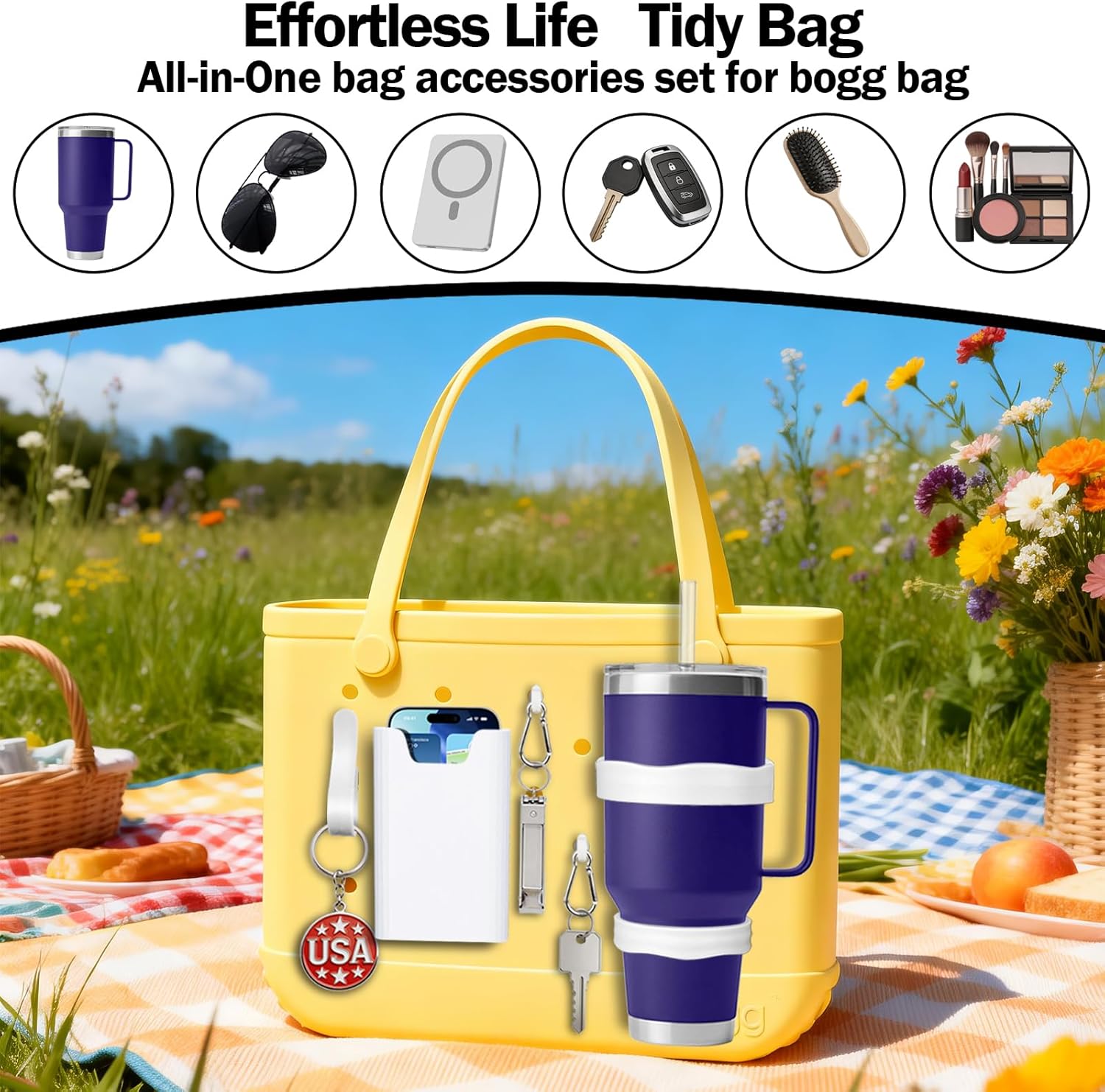 7PCS Bag Organizer Set for Bogg Bag, 2Pcs Cup Holder Compatible with Stanley, Slicone Phone Holder, 2 Hooks and 2 Key Holders, Beach Tote Accessories Compatible with Bogg Bag & Simple Modern (White)