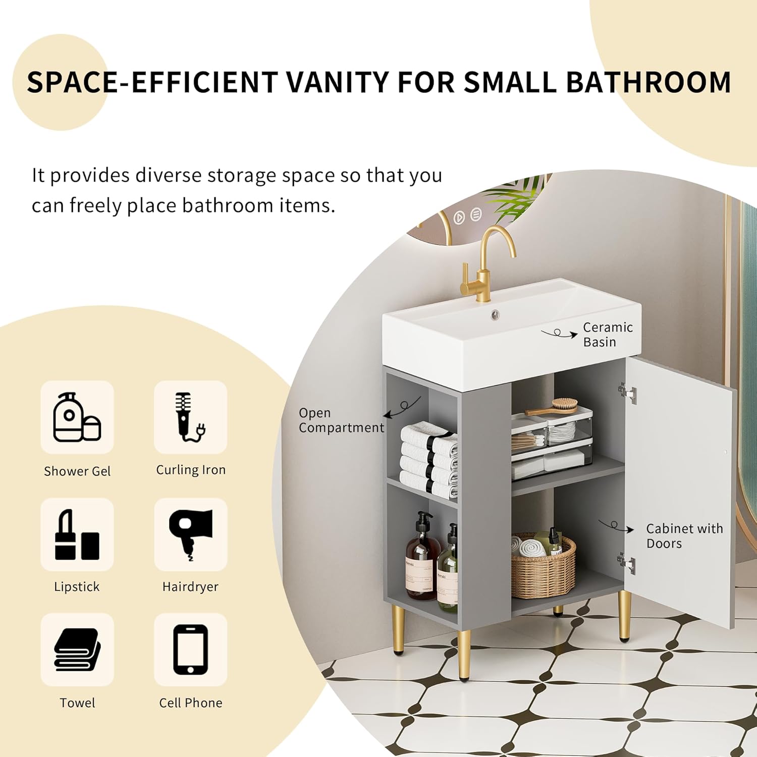 21.6 Inch Bathroom Vanity with Sink, Vanities with Square Ceramic Sink Top and Left Side Storage, Combo Stand Storage Cabinet Set for Small Bathroom (Matte Grey)