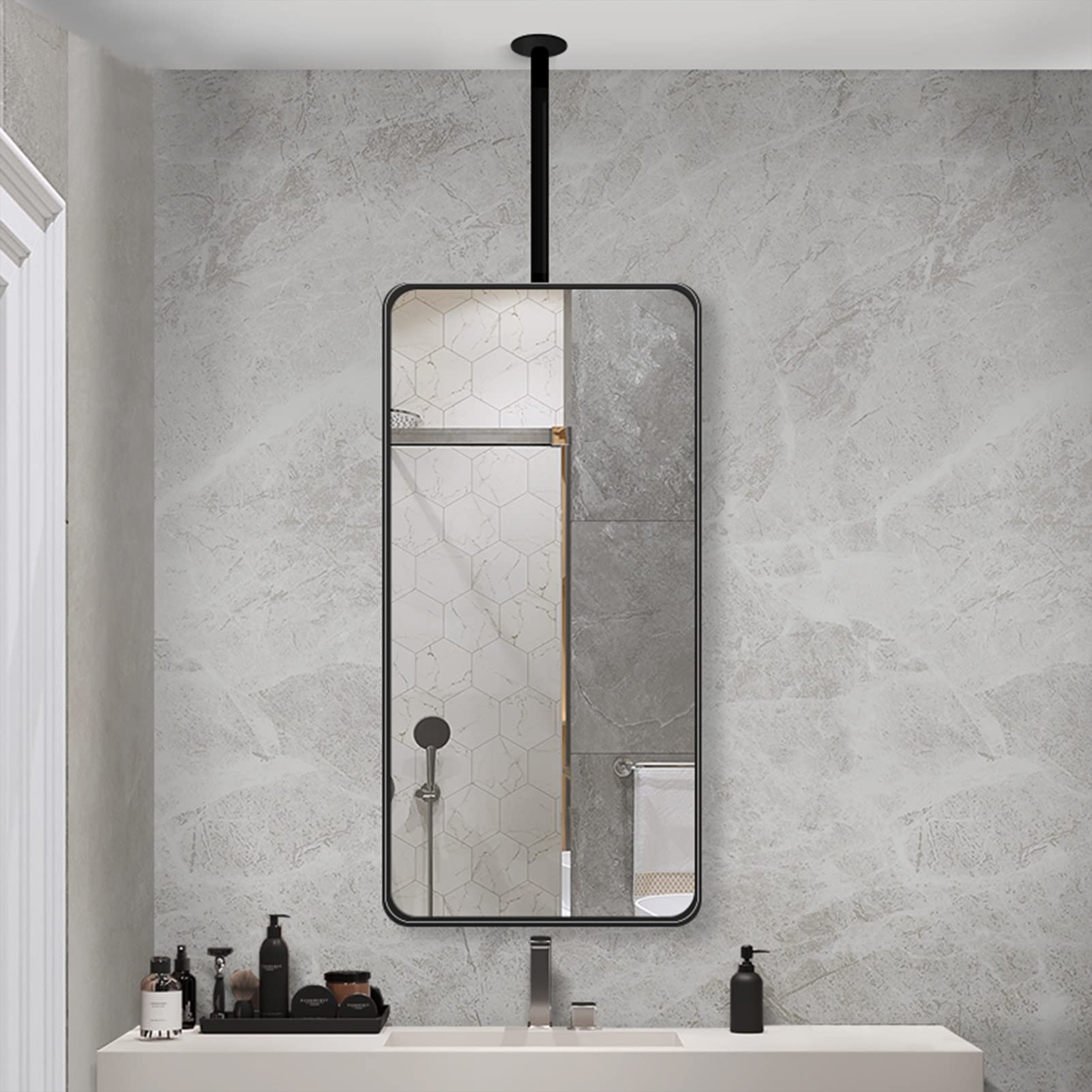 Specchio Quadrato Montato a soffitto con Struttura in Metallo Nero, Specchio da toeletta Galleggiante Moderno Specchio con Asta sospesa per Bagno Specchio per Trucco da Barba Specchio per de