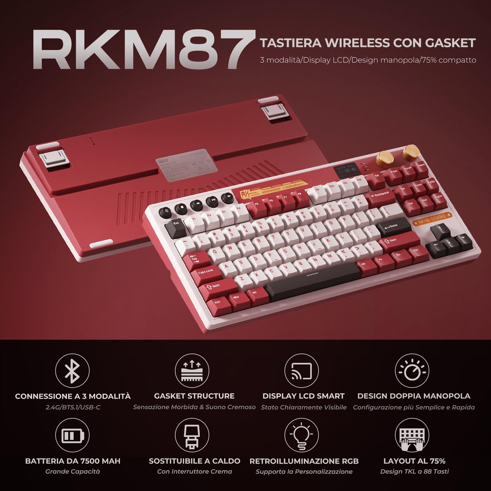 Tastiera Wi-Fi RK ROYAL KLUDGE M87 Gomma RGB Luminescente - Dettaglio