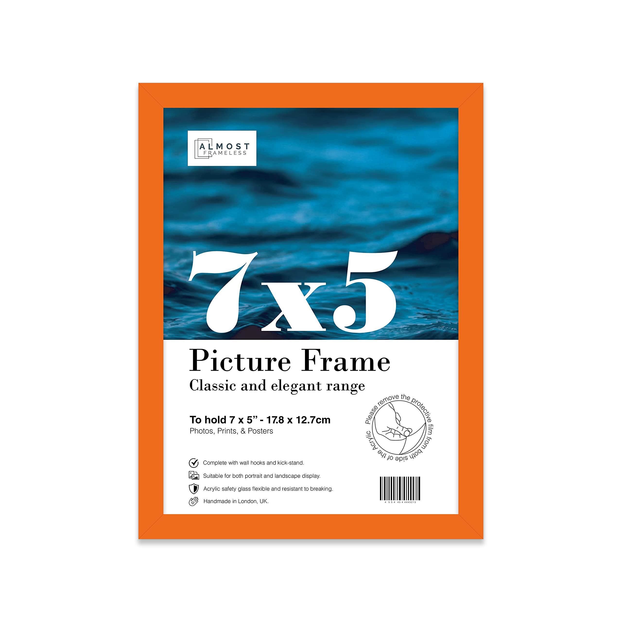 Almost Frameless 7x5 Orange Picture Frame 7"x5"(17.7x12.7cm) Poster, Photo, Artwork, or Print. Thin Edge Slim Frame Portrait and Landscape Display with Wall Hooks