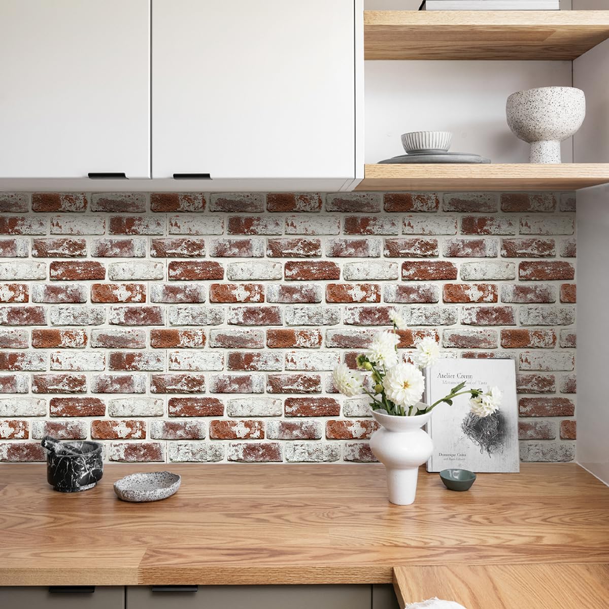 COMSTICKC 3D Faux Brick Wall Panels Peel and Stick,10 Pcs of 12"X12",Small Size Self Adhesive Brick Wallpaper Background for Interior Wall Decor, Whitewash Red