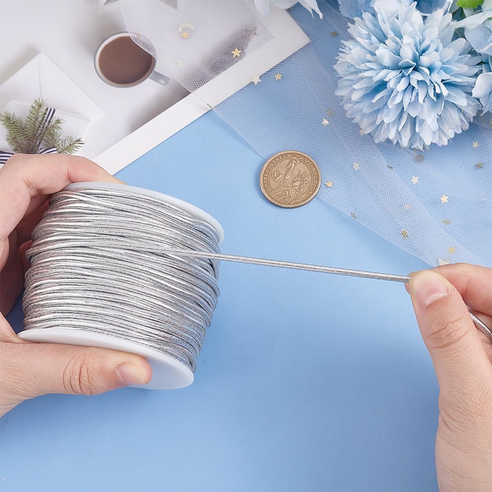PH PandaHall 32.8Yards Metallic Silver Cord Ribbon 2.5mm Elastic Cord Stretch Cord Elastic String Ribbon Wrap Thread Tag Christmas Cords for Hair Weave Craft Jewelry Making Christmas Ornament Hanging