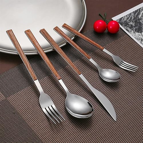 Juego de cubiertos de madera de 60 piezas para 12 cubiertos duraderos de acero inoxidable, juego de cubiertos modernos de grano de madera, para el