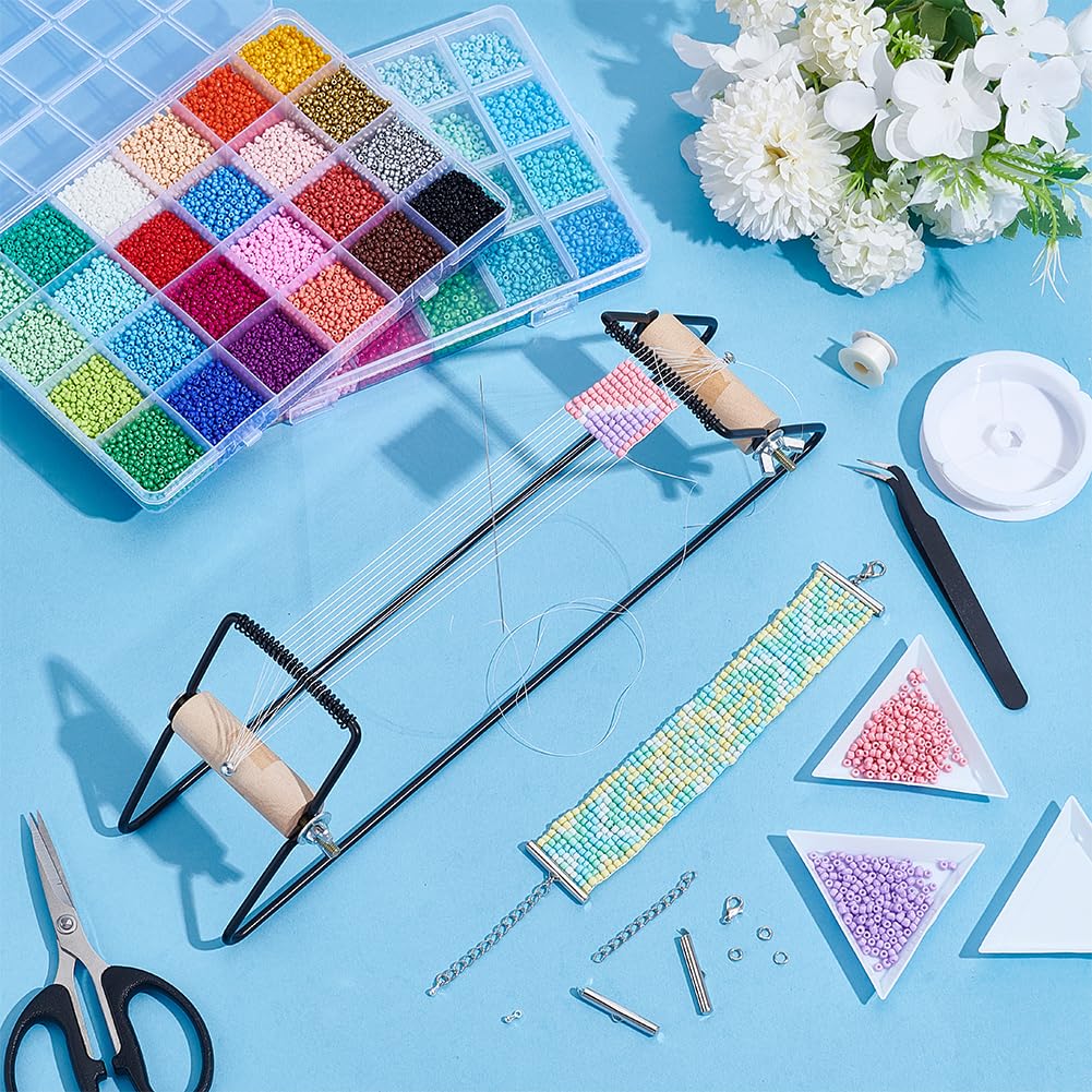 NBEADS Kit Telaio Per Perline, Materiali Per Telaio Con 48 Colori Perline Vetro Da 2/3 Mm, Telaio Per Perline A Ferro Per Creare Bracciali, Orecchini E Gioielli Natalizi