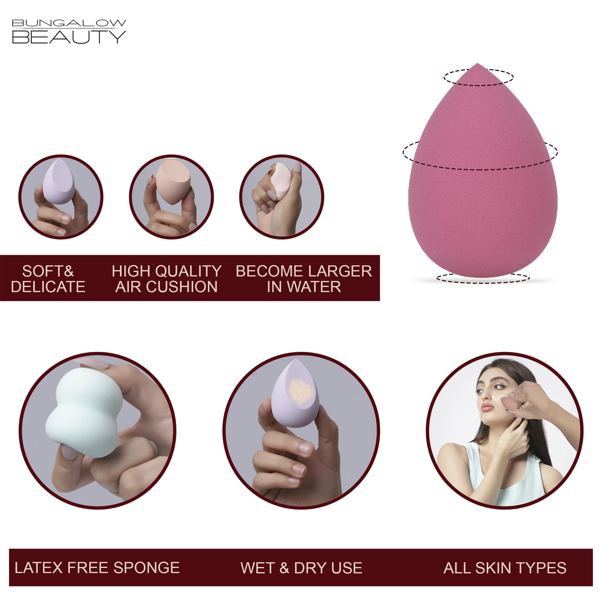 BUNGALOW BEAUTY Makeup Blending Sponge Set, Reusable | Foundation Blender | Easy to clean I Latex-free Suitable for Sensitive Skin 5 pcs in Asorted colour 2