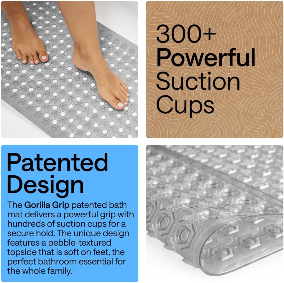 GORILLA GRIP Patented Bath Tub Shower Mat, Machine Washable Bathtub Floor Liner Mats, Suction Cups and Drain Holes to Keep Tubs Clean, Soft on Feet, Bathroom Essentials, 35x16 Inch, Clear Gray