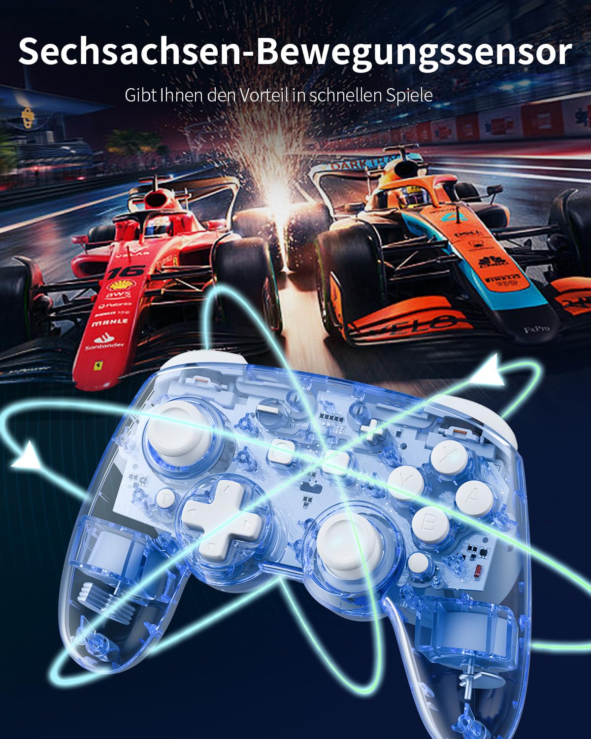 PALPOW Switch 2 Controller mit Switch 1/2/OLED/Lite, Hall-Effekt-Joysticks Pro Controller mit 7 RGB LED/Makro Paddles/Bluetooth/Bewegungsaufnehmer/6-Achsen-Gyro/Turbo,Transparent Blau