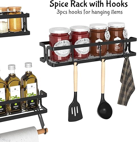 Miniatura 6 de Paquete de 3 soportes de pared para especias con soporte para toallas de papel y ganchos, estante de especias colgante con tornillo o adhesivo,