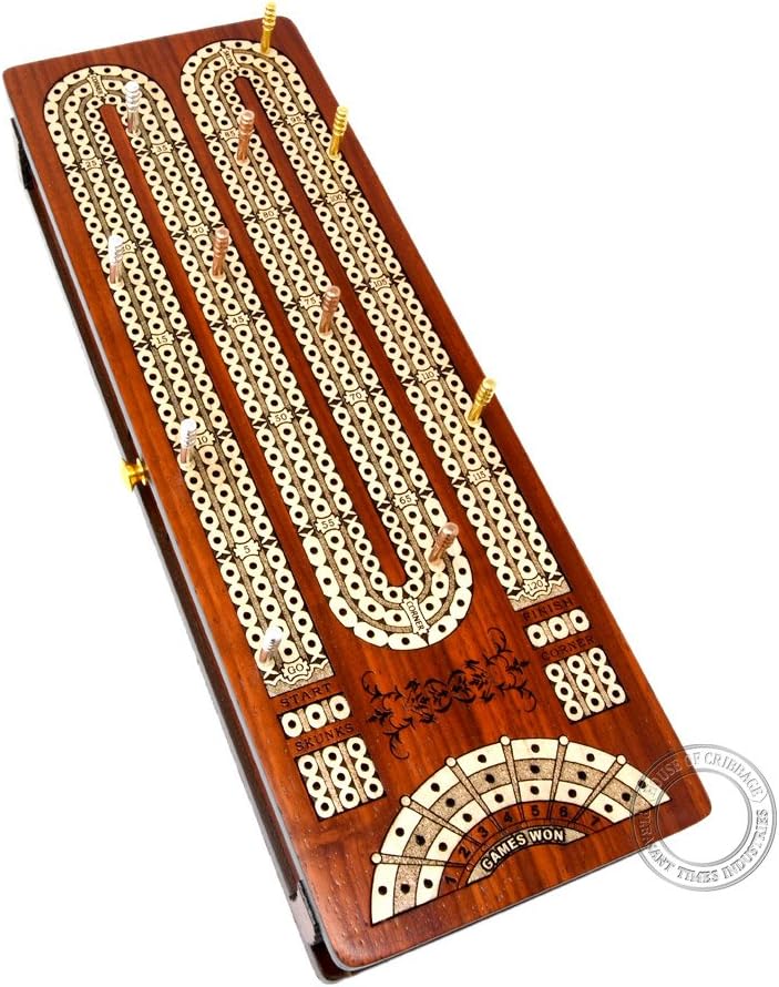 House of Cribbage - Continuous Cribbage Board/Box Inlaid in Bloodwood/Maple - 3 Track - Sliding Lids with Score Marking Fields for Skunks, Corners and Won Games
